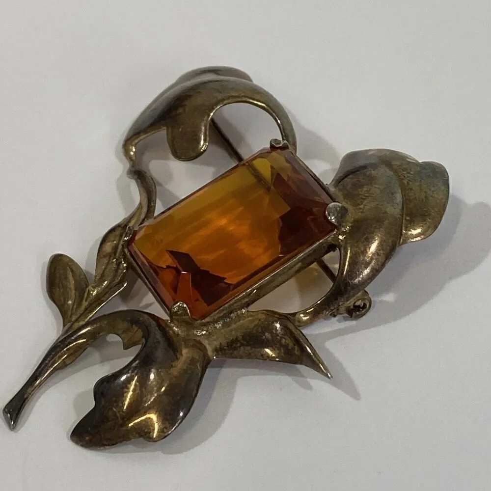 Antique Large Sterling Silver & Topaz Glass Brooch Art Nouveau Estate 2 3/8”